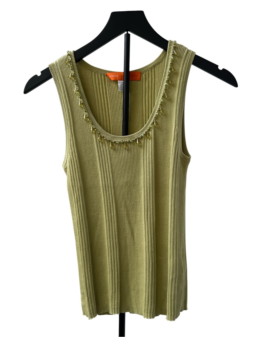 Cynthia Steffe Ribbed Knit Beaded Tank Top Olive Green Sleeveless Size S